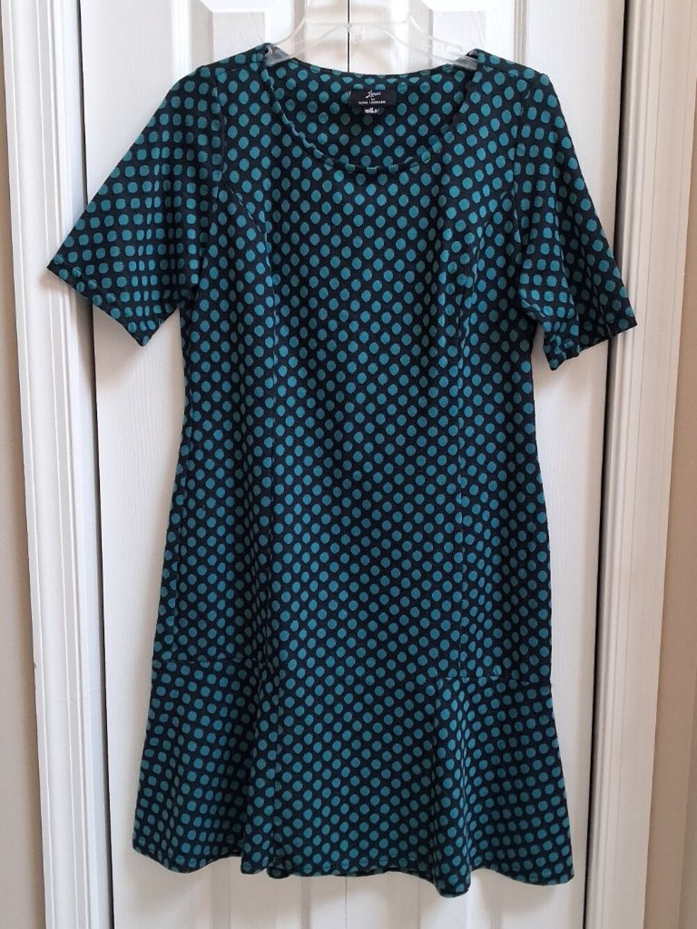 LENNIE FOR NINA LEONARD Teal Green w/Black Polka Dot Midi Dress sz M